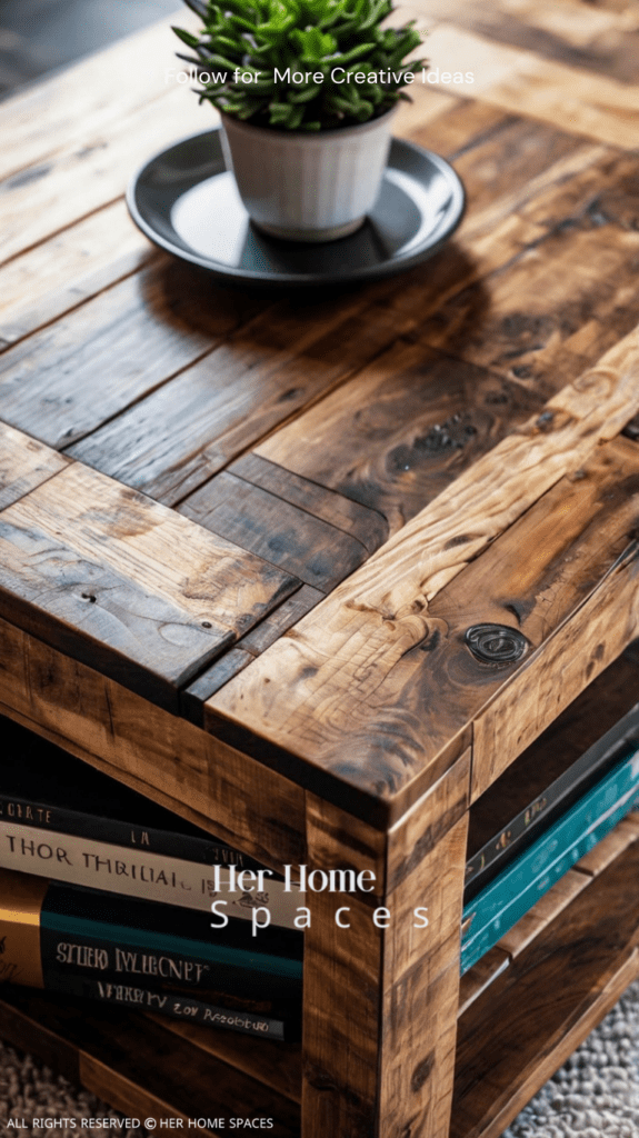  A close-up of a finished pallet coffee table, shows the wood grain and the decorative items placed on top.