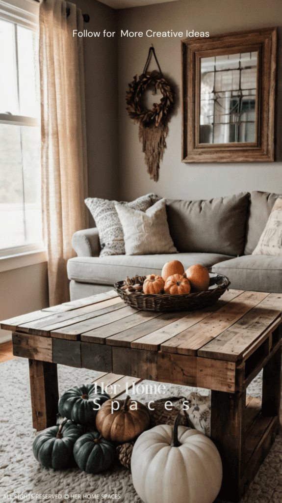  A rustic pallet coffee table styled with fall decorations, including small pumpkins and a cozy blanket.