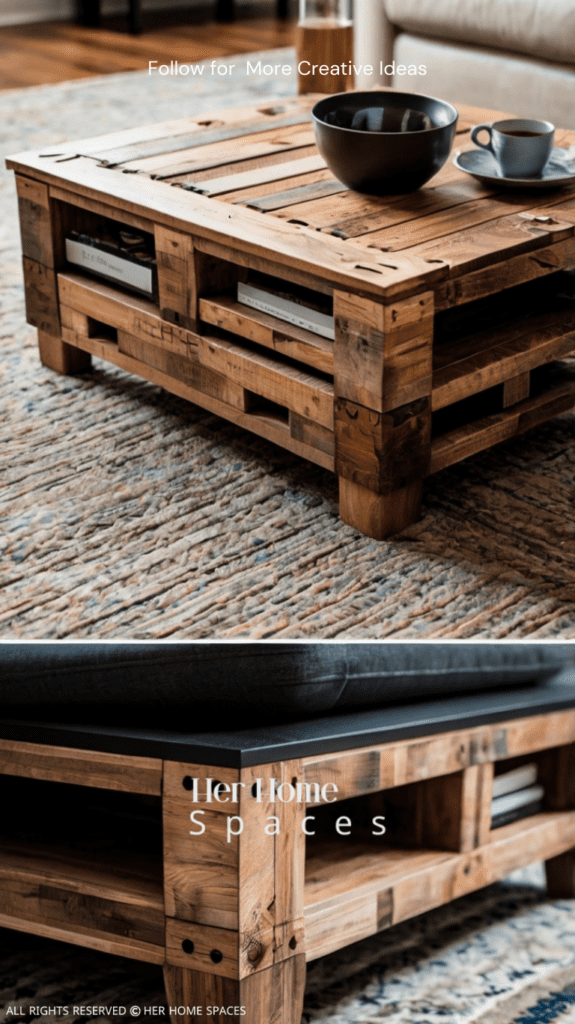  A close-up of a finished pallet coffee table, shows the wood grain and the decorative items placed on top.