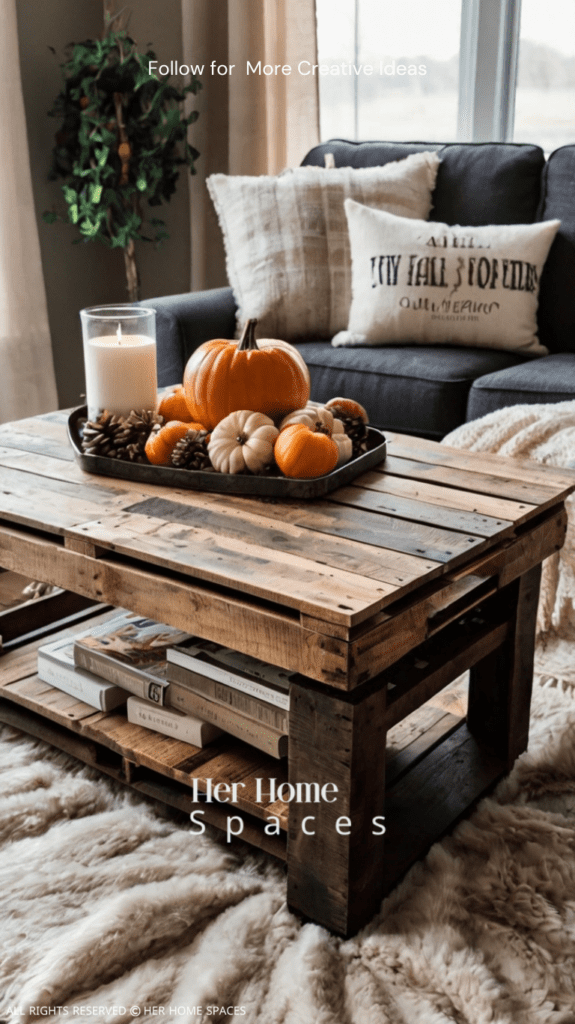  A rustic pallet coffee table styled with fall decorations, including small pumpkins and a cozy blanket.