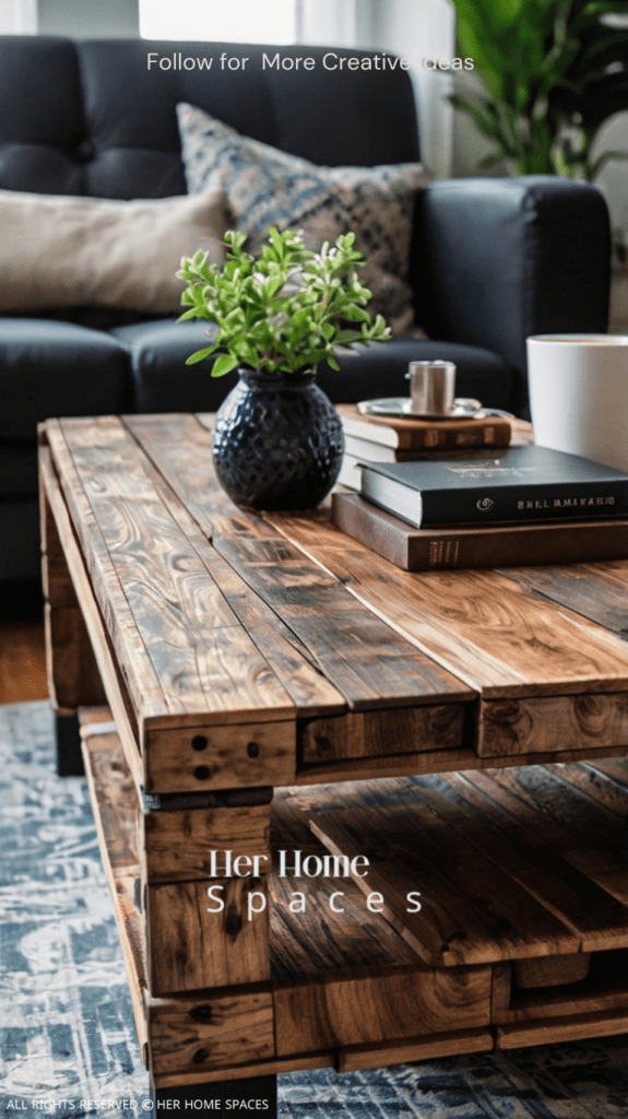  A close-up of a finished pallet coffee table, shows the wood grain and the decorative items placed on top.