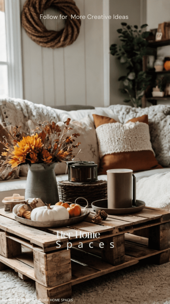  A rustic pallet coffee table styled with fall decorations, including small pumpkins and a cozy blanket.