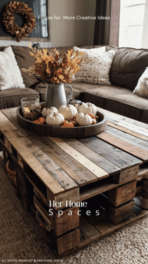  A rustic pallet coffee table styled with fall decorations, including small pumpkins and a cozy blanket.