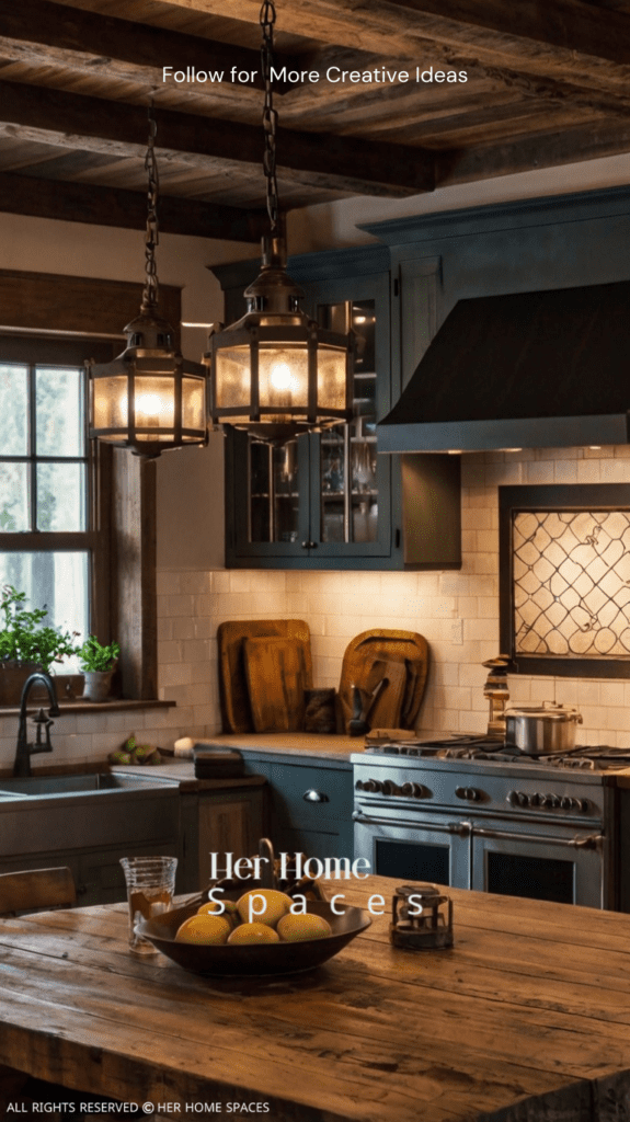  a rustic farmhouse kitchen with vintage-inspired lighting fixtures, including pendant lights over the island and a wrought iron chandelier. The image should emphasize the warm and inviting atmosphere.