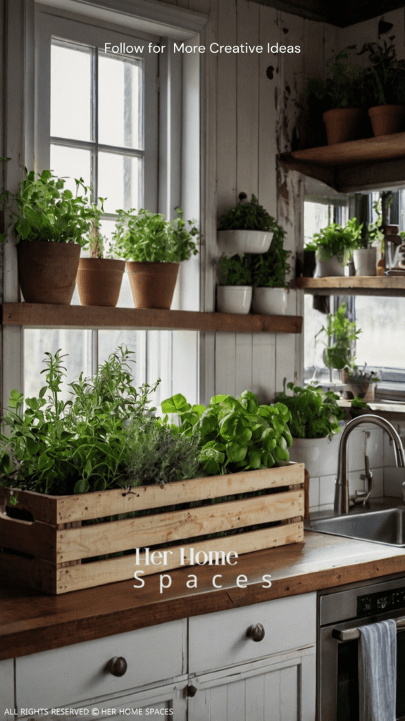  a rustic farmhouse kitchen with potted herbs on the windowsill and a wooden crate filled with greenery on the countertop. The image should convey the fresh and lively feel that plants bring to the space.