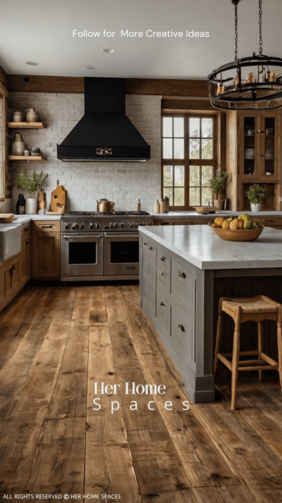  a rustic farmhouse kitchen with wide plank hardwood or brick floors. The image should highlight the natural texture and warmth these flooring options bring to the space.