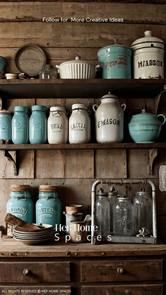  a collection of vintage kitchen items like enamelware, old signs, and Mason jars arranged on open shelves in a rustic farmhouse kitchen. The image should highlight the charm and character these pieces add to the space.