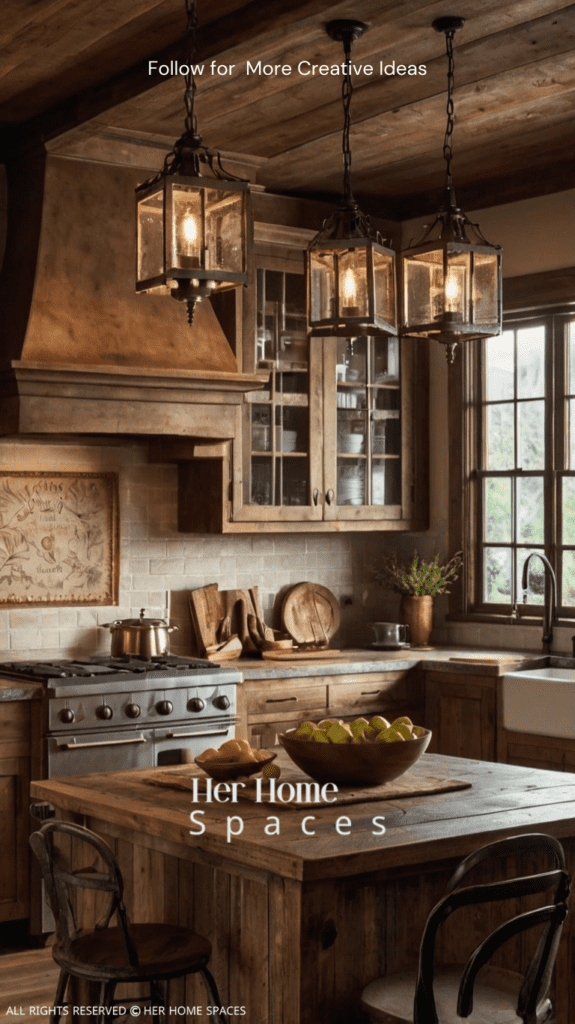  a rustic farmhouse kitchen with vintage-inspired lighting fixtures, including pendant lights over the island and a wrought iron chandelier. The image should emphasize the warm and inviting atmosphere.