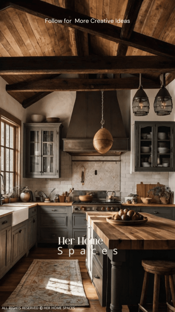  a kitchen with exposed wood beams, a large farmhouse sink, and a butcher block countertop. The image should capture the space's warmth and rustic charm.