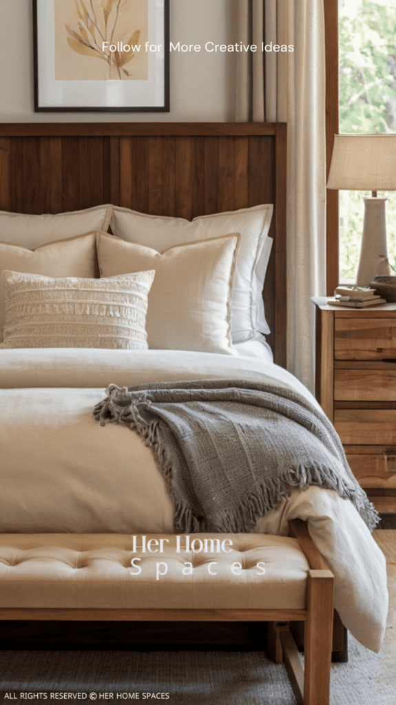  A serene bedroom with beige bedding, wooden accents, and soft natural light.