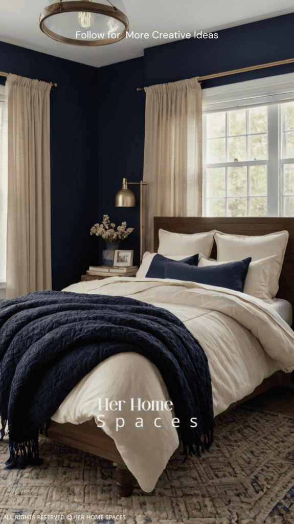 A small bedroom with a navy blue accent wall and light-colored bedding.