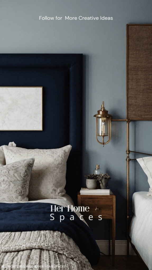 A small bedroom with a navy blue accent wall and light-colored bedding.