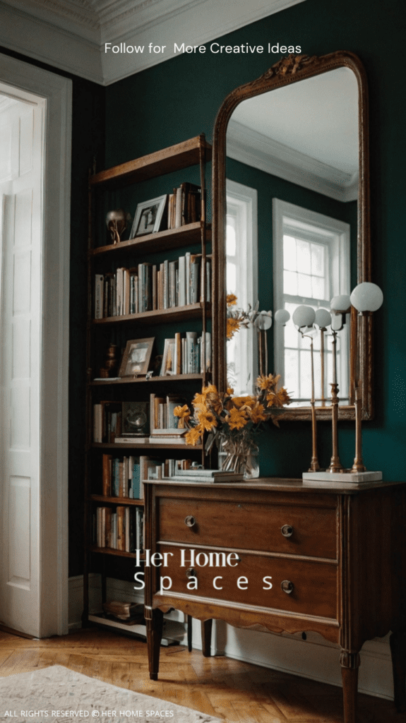  A small hallway with a tall, narrow bookcase and a mirror above a dresser.