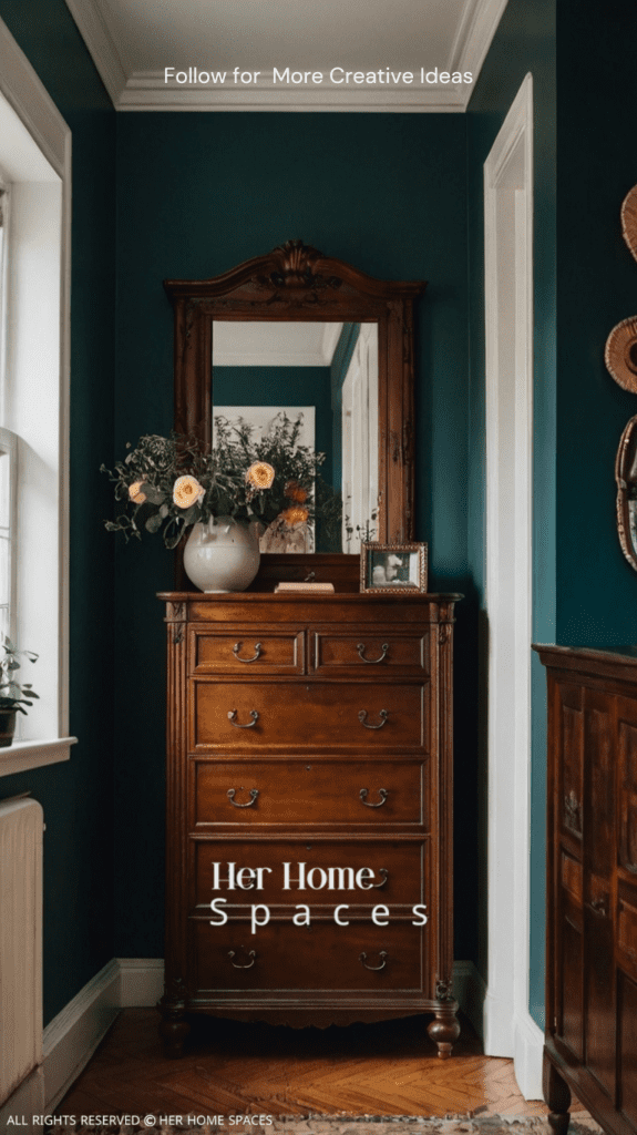  A small hallway with a tall, narrow bookcase and a mirror above a dresser.