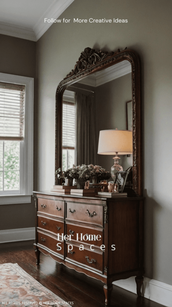  A small hallway with a tall, narrow bookcase and a mirror above a dresser.