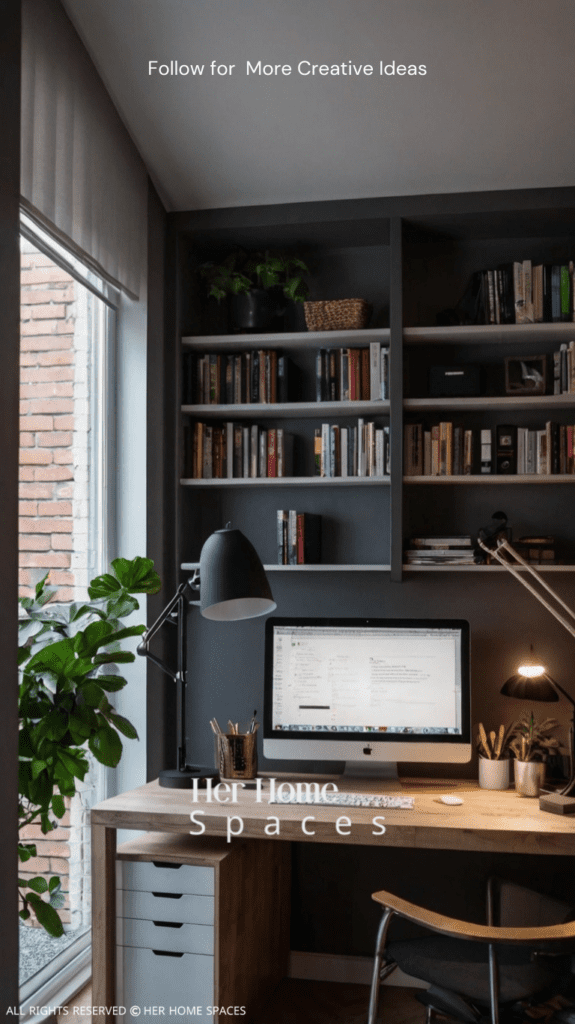 A small home office with a desk against the wall and an open central area.