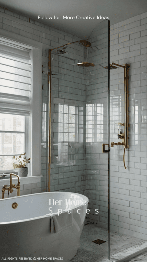 A small bathroom with glossy white tiles and a glass shower enclosure creates a bright and open feel.