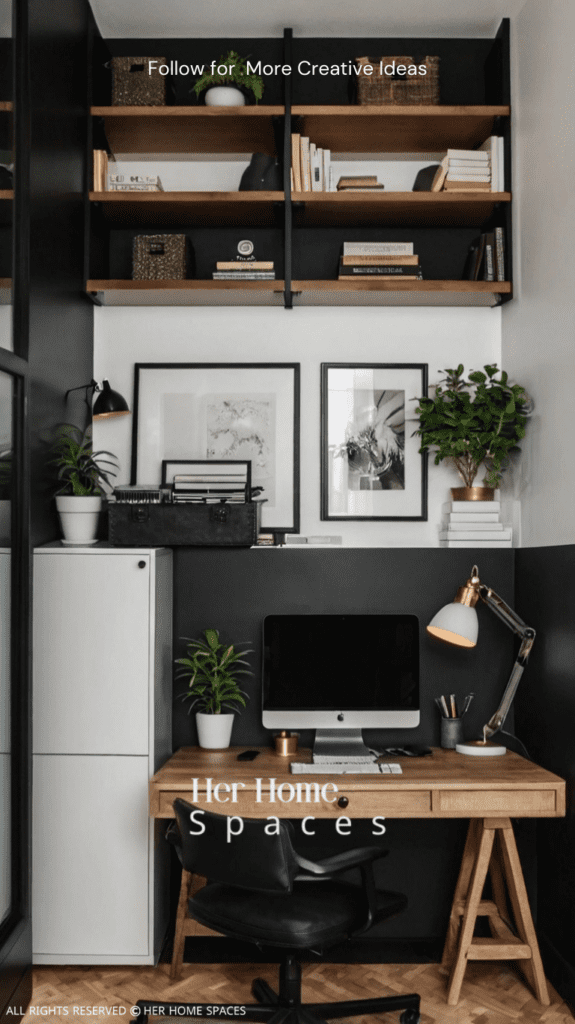 A small home office with a desk against the wall and an open central area.