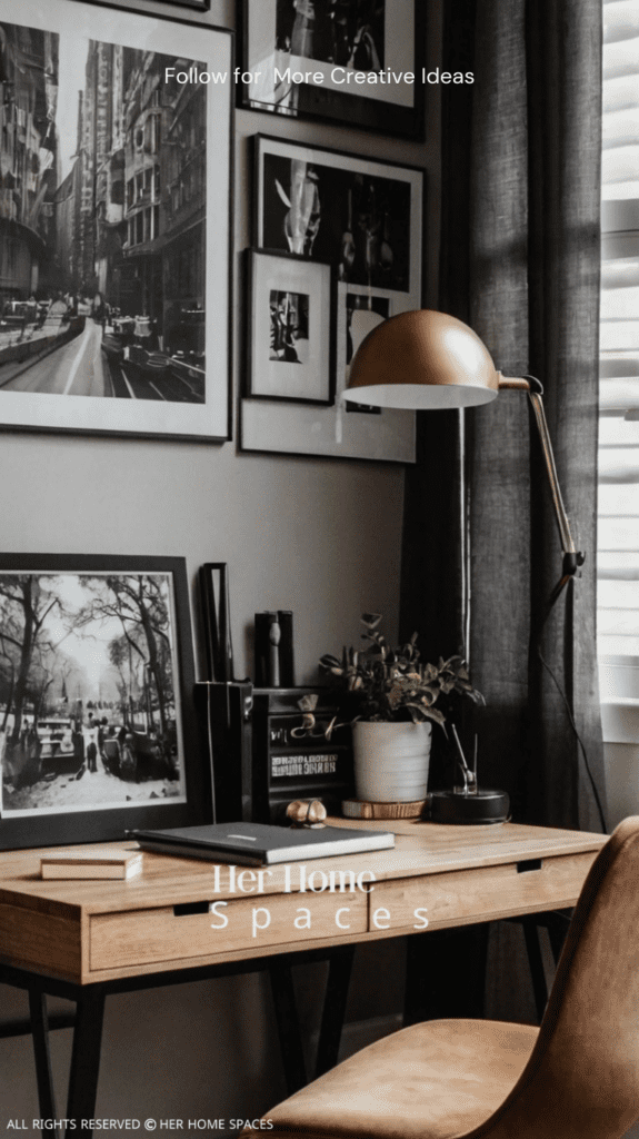 A small home office with framed prints on the wall, adds a personal touch to the space.