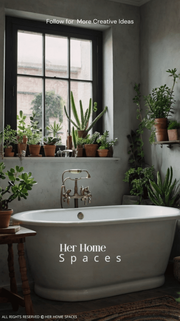  A small bathroom with potted succulents on the windowsill, adds a touch of greenery to the room.