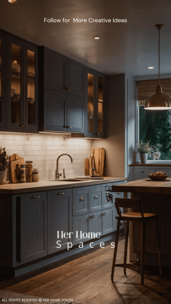 A small kitchen with layered lighting, including under-cabinet lights and a ceiling fixture, creates a warm and inviting atmosphere.