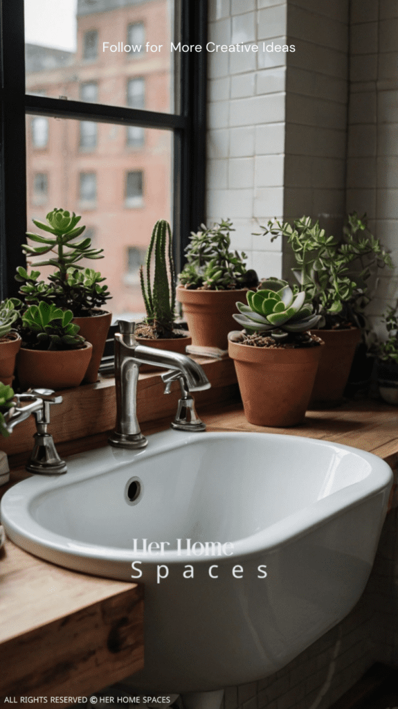  A small bathroom with potted succulents on the windowsill, adds a touch of greenery to the room.