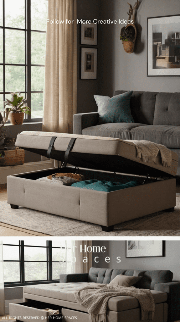  A small living room with a storage ottoman and a bed with drawers underneath, showcasing hidden storage solutions.