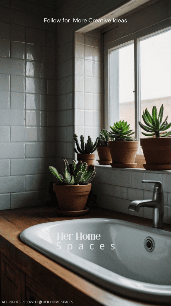  A small bathroom with potted succulents on the windowsill, adds a touch of greenery to the room.