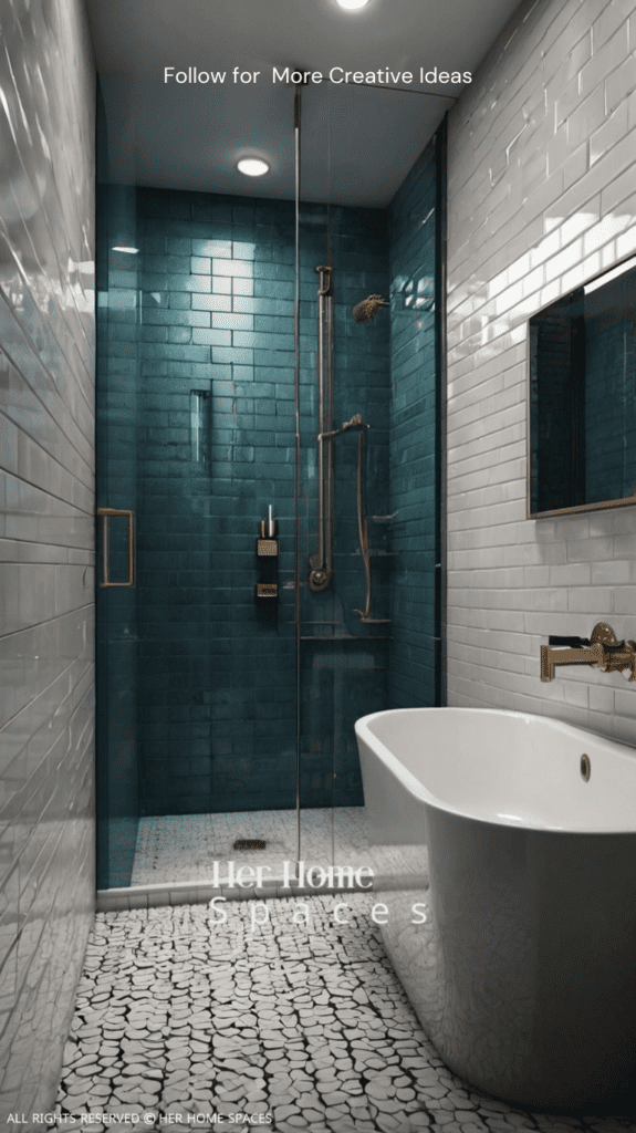 A small bathroom with glossy white tiles and a glass shower enclosure creates a bright and open feel.