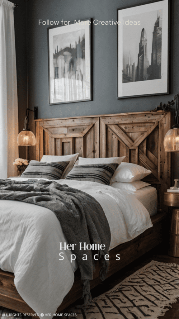  A chic bedroom with a DIY headboard made from an upcycled wooden door, paired with painted nightstands and fresh linens. Home Styling