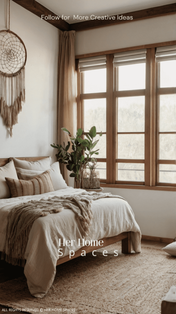 A minimalist boho bedroom characterized by simplicity and natural beauty. The bed is low to the ground, with white linen bedding and a few strategically placed decorative cushions in muted, desert hues. Above the bed hangs a large, statement dreamcatcher, and beside it, a small wooden nightstand holds a ceramic vase with fresh flowers. The room is bathed in natural light from large windows, with sheer white curtains gently blowing in the breeze. A small, circular mirror and a woven wall hanging add to the room's understated charm.
