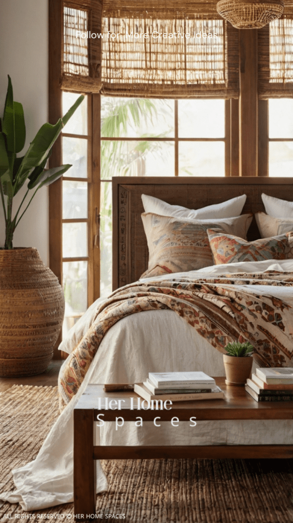 A bright and airy boho bedroom with a canopy bed draped in white gauzy fabric. The bed is covered in a mix of patterned throws and cushions in rich, warm colors. A large woven wall hanging serves as a focal point above the bed. A vintage wooden trunk at the foot of the bed doubles as a coffee table. The room features a mix of natural textures, including a rattan pendant light, a jute rug, and several potted plants. Soft light filters through bamboo blinds, creating a peaceful, relaxed atmosphere.