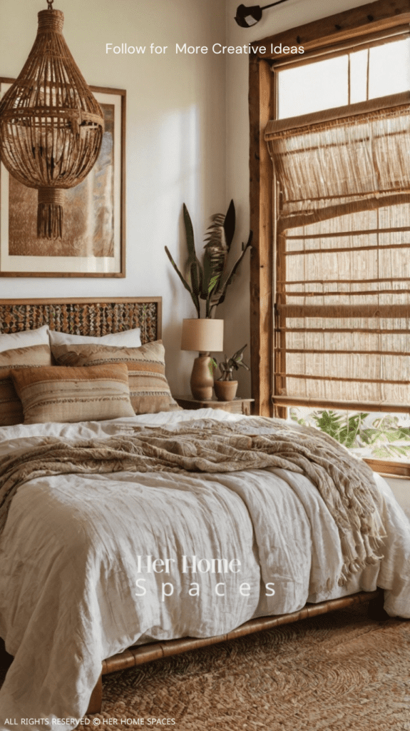 A bright and airy boho bedroom with a canopy bed draped in white gauzy fabric. The bed is covered in a mix of patterned throws and cushions in rich, warm colors. A large woven wall hanging serves as a focal point above the bed. A vintage wooden trunk at the foot of the bed doubles as a coffee table. The room features a mix of natural textures, including a rattan pendant light, a jute rug, and several potted plants. Soft light filters through bamboo blinds, creating a peaceful, relaxed atmosphere.