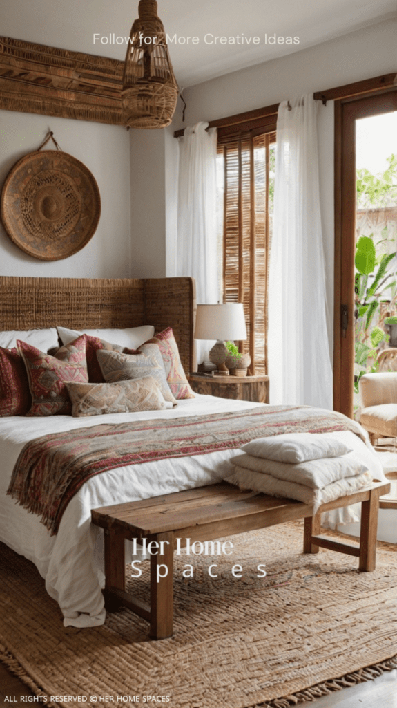 A bright and airy boho bedroom with a canopy bed draped in white gauzy fabric. The bed is covered in a mix of patterned throws and cushions in rich, warm colors. A large woven wall hanging serves as a focal point above the bed. A vintage wooden trunk at the foot of the bed doubles as a coffee table. The room features a mix of natural textures, including a rattan pendant light, a jute rug, and several potted plants. Soft light filters through bamboo blinds, creating a peaceful, relaxed atmosphere.