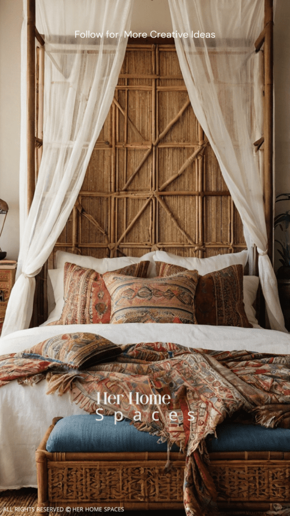 A bright and airy boho bedroom with a canopy bed draped in white gauzy fabric. The bed is covered in a mix of patterned throws and cushions in rich, warm colors. A large woven wall hanging serves as a focal point above the bed. A vintage wooden trunk at the foot of the bed doubles as a coffee table. The room features a mix of natural textures, including a rattan pendant light, a jute rug, and several potted plants. Soft light filters through bamboo blinds, creating a peaceful, relaxed atmosphere.