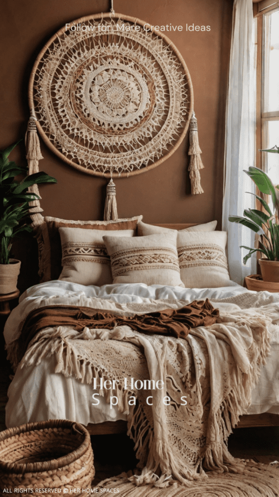 A cozy boho-style bedroom featuring a low wooden bed with layered, soft linens in earthy tones, and decorative pillows with tassels. The room is adorned with a macramé wall hanging above the bed, a woven rattan chair in the corner, and a jute rug on the floor. Houseplants in terracotta pots add a touch of greenery, while natural light streams in through sheer, white curtains. A dreamcatcher hangs by the window, completing the serene, bohemian vibe. The space feels warm, inviting, and full of character.