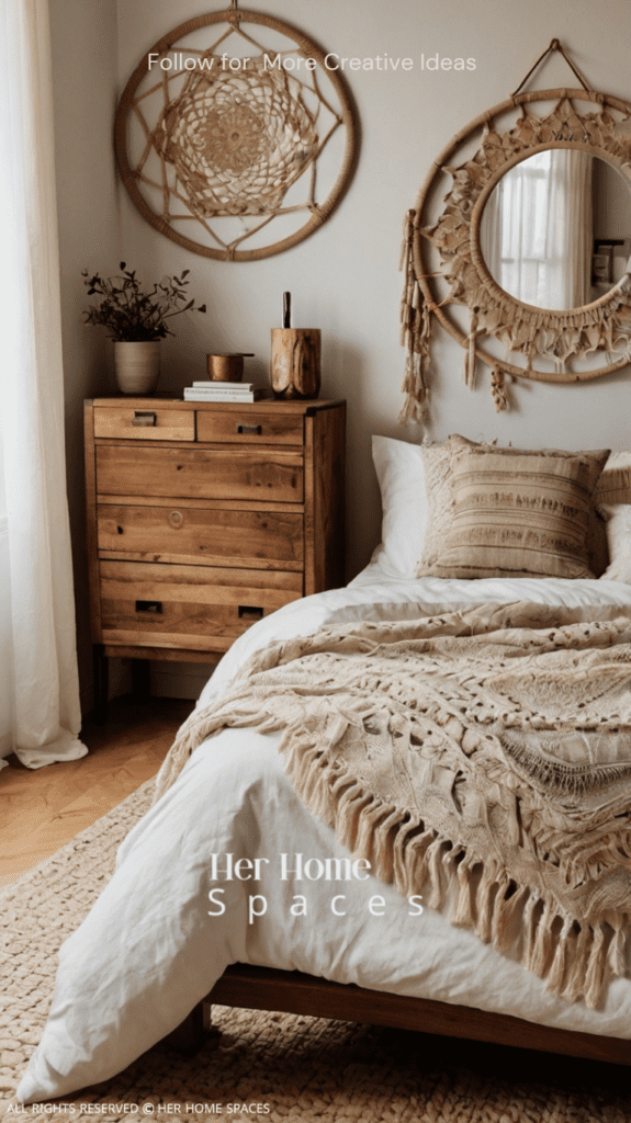 A minimalist boho bedroom characterized by simplicity and natural beauty. The bed is low to the ground, with white linen bedding and a few strategically placed decorative cushions in muted, desert hues. Above the bed hangs a large, statement dreamcatcher, and beside it, a small wooden nightstand holds a ceramic vase with fresh flowers. The room is bathed in natural light from large windows, with sheer white curtains gently blowing in the breeze. A small, circular mirror and a woven wall hanging add to the room's understated charm.
