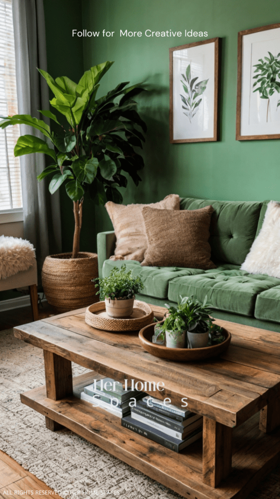 A cozy living room with soft green walls, a reclaimed wood coffee table, and lush indoor plants.