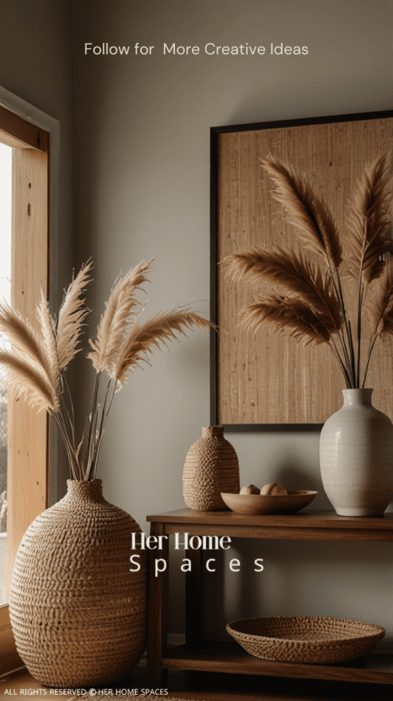  An entryway featuring a wooden console table, a ceramic vase with dried pampas grass, and a woven rug. Transform your home with earthy tones!