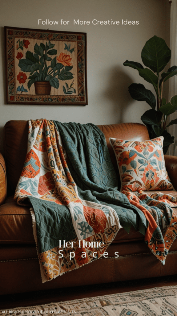  A living room featuring a large fiddle leaf fig in the corner, succulents on a windowsill, and a handmade quilt draped over a sofa. Transform your home with earthy tones!