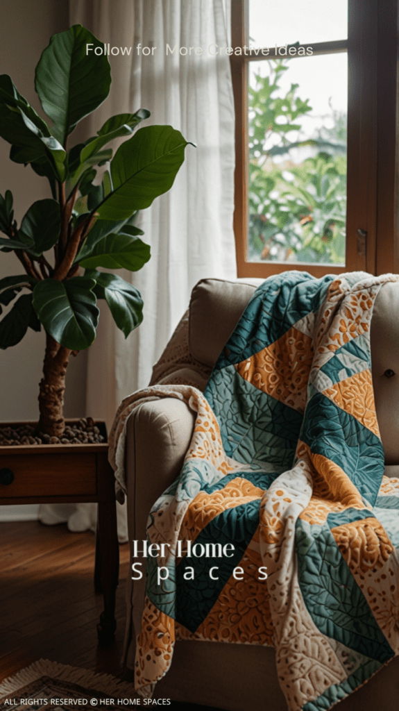  A living room featuring a large fiddle leaf fig in the corner, succulents on a windowsill, and a handmade quilt draped over a sofa. Transform your home with earthy tones!