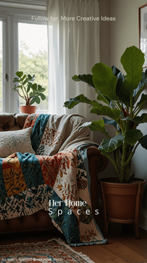  A living room featuring a large fiddle leaf fig in the corner, succulents on a windowsill, and a handmade quilt draped over a sofa. Transform your home with earthy tones!