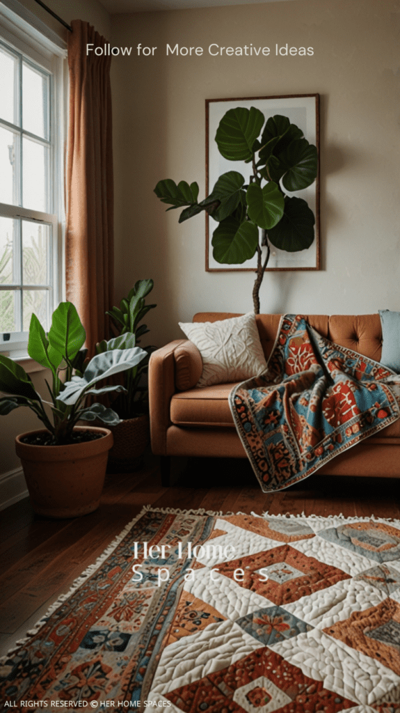  A living room featuring a large fiddle leaf fig in the corner, succulents on a windowsill, and a handmade quilt draped over a sofa. Transform your home with earthy tones!