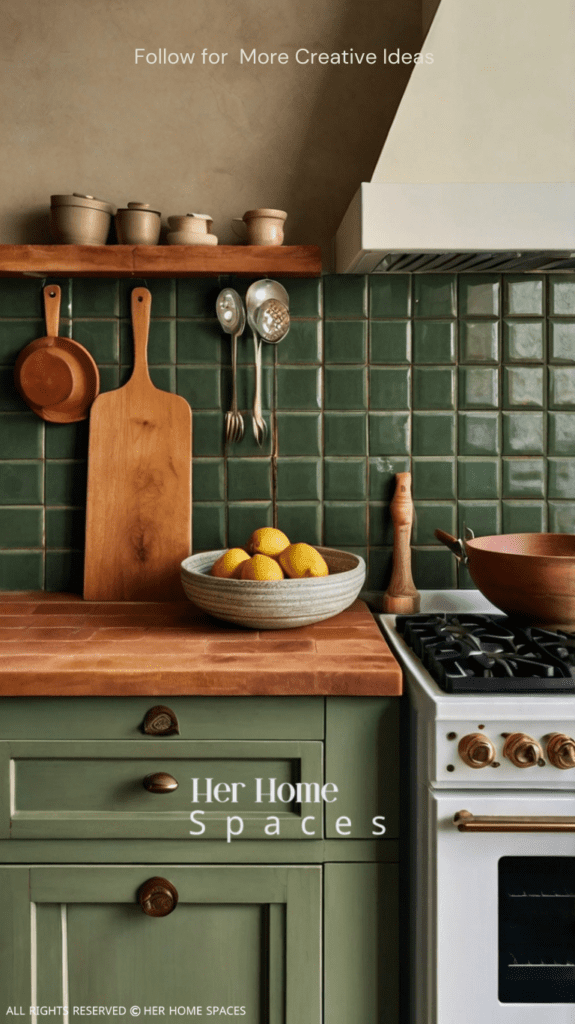 A kitchen with terracotta tile backsplash, muted green cabinetry, and wooden countertops, creating a warm and functional space. Transform your home with earthy tones!