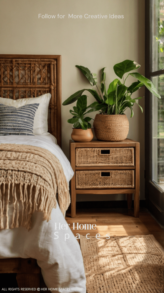 A bedroom featuring potted plants on wooden bedside tables, woven baskets for storage, and clay pottery on a wooden dresser. Transform your home with earthy tones!