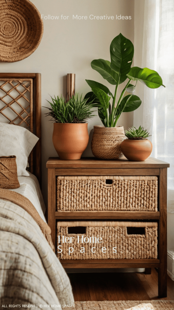 A bedroom featuring potted plants on wooden bedside tables, woven baskets for storage, and clay pottery on a wooden dresser. Transform your home with earthy tones!