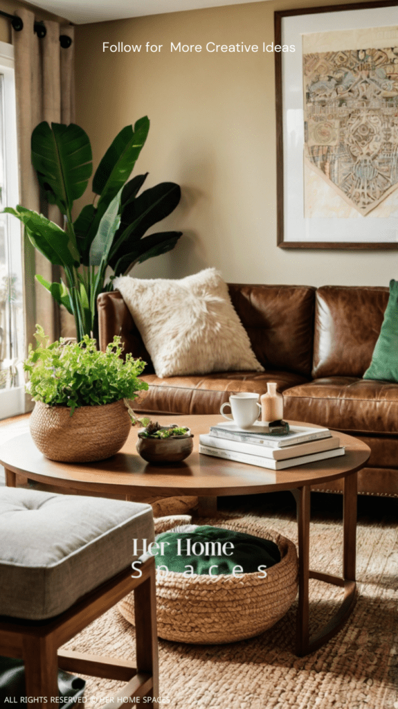  A living room with a wooden coffee table, plush beige rug, and green throw pillows on a brown leather sofa, complemented by  stone planters and woven baskets. Transform your home with earthy tones!