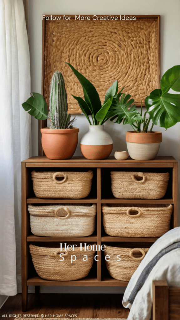 A bedroom featuring potted plants on wooden bedside tables, woven baskets for storage, and clay pottery on a wooden dresser. Transform your home with earthy tones!