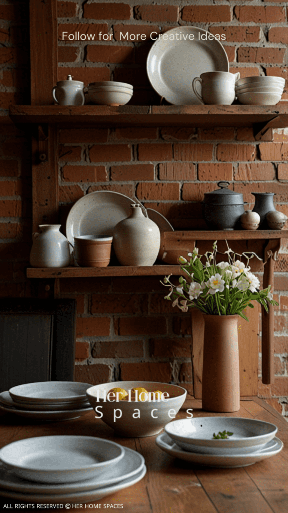 A dining area featuring earthenware dishes, linen napkins, and a wooden table, complemented by a brick backsplash in the kitchen. . Transform your home with earthy tones!