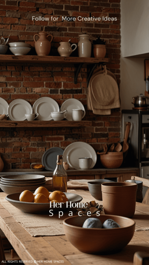 A dining area featuring earthenware dishes, linen napkins, and a wooden table, complemented by a brick backsplash in the kitchen. . Transform your home with earthy tones!